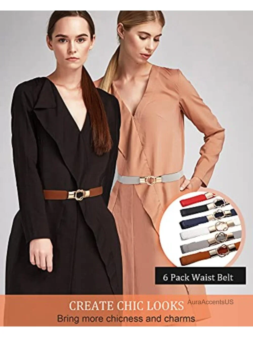 Set of 6 Stretchy Skinny Belts - Elastic Waist Belts with Gold Buckles,